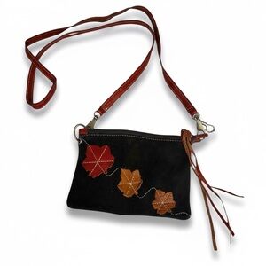 Roots Vintage Suede Floral Leaves Mini Shoulder Crossbody Bag Zip Pouch Clutch